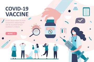 Group of various people in protective masks. Big hand give vaccine. Health care landing page template. Woman doctor warns of vaccination
