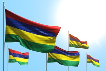 pretty 5 flags of Mauritius are waving on blue sky background - any celebration flag 3d illustration..