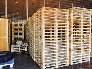 Wooden pallets stack in warehouse cargo storage, shipment in logistics and transportation industrial, wood pallets heap, delivery service