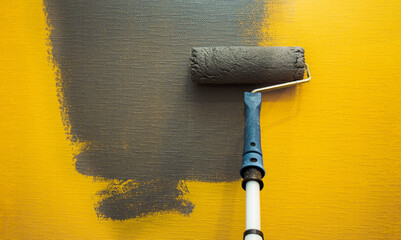 Close up roller with gray paint for painting walls. Repairs. Yellow wall. Background. Screensaver...