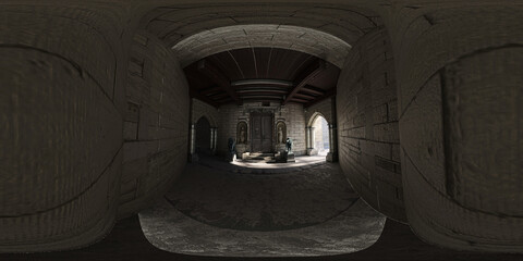 Monumental entrance with ancient wooden gothic doorway with sculptures, Stereographic image, pano 360 vr, 3d rendering, 3d illustration