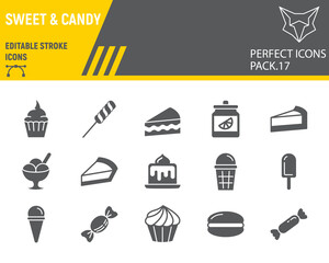 Sweets glyph icon set, desserts collection, vector sketches, logo illustrations, confectionery icons, pastry signs solid pictograms, editable stroke.