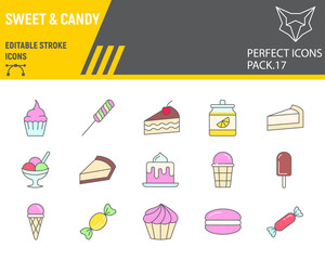 Sweets color line icon set, desserts collection, vector sketches, logo illustrations, confectionery icons, pastry signs filled outline pictograms, editable stroke.