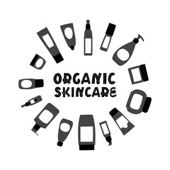 Round frame with empty and clean grey plastic containers: bottles, spray, cream jar, tube and text Organic skincare. Flat design of cosmetic package. Hand drawn Illustration.