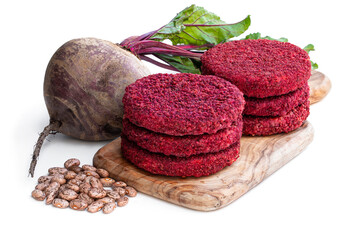 Vegan beetroot and bean burgers on wooden board isolated on white