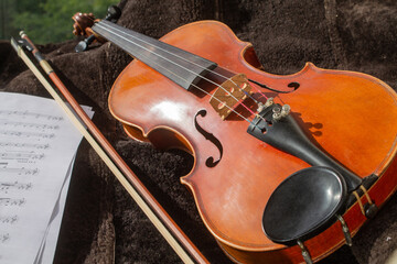 Fototapeta na wymiar Violin and bow on a background of brown sheepskin and violin notes