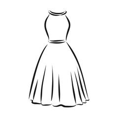 women's dresses. Hand drawn vector illustration. Black outline drawing isolated on white background women's dress, vector sketch illustration