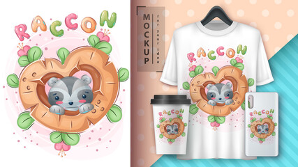 Cute raccoon in wood heart - poster and merchandising.