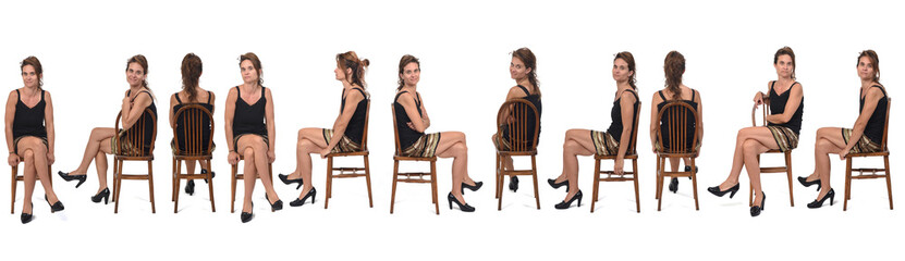 large group of same woman in skirt sitting on white background,