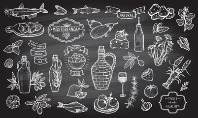 Mediterranean traditional food collection on a chalkboard background © LP Design