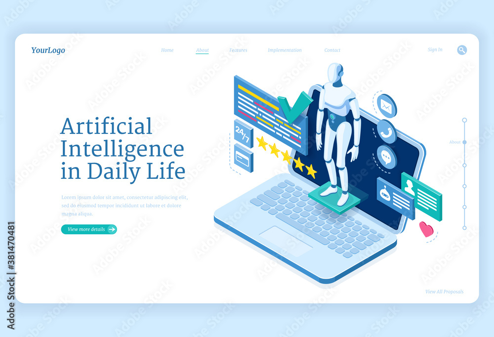 Poster artificial intelligence in daily life banner. chat bot, digital assistant concept. vector landing pa
