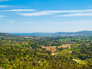 Panoramic view over the gulf of Saint-Tropez and the countryside seen from Grimaud, French Riviera, Cote d'Azur, Provence, southern France