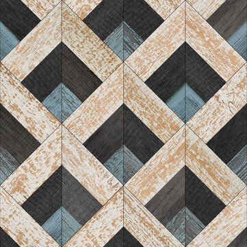 Aged wood texture background.  Seamless vintage wooden wall. Weathered rough wooden surface. Grunge parquet floor with geometric pattern.
