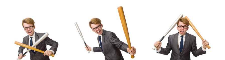 Young businessman with baseball bat isolated on white