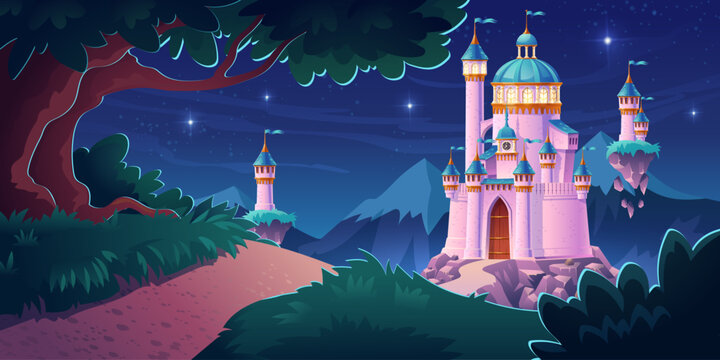 Pink magic castle, princess or fairy palace at night mountains with road lead to gates with flying turrets and glow stars in sky. Fantasy fortress, medieval architecture. Cartoon vector illustration