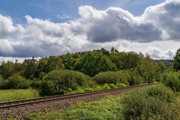 Fototapeta na wymiar Railway in The Forest with Blue Cloudy Sky