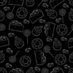 Template for cakes, cookies, blueberries, and sweets. The detailed image on a black background. Template for design, advertising.