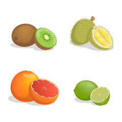 Kiwi, durian, grapefruit, and lime vector cartoon illustration isolated on white background. Fresh juicy fruits for healthy dieting. Exotic tropical fruits full of vitamins.