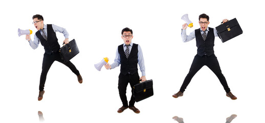 Young businessman with loudspeaker on white
