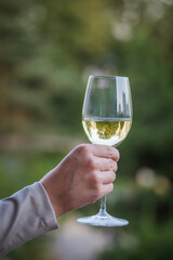 Glass of white wine on vintage wooden table
