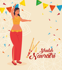 happy navratri celebration poster with woman indian dancing and garlands hanging decoration vector illustration design