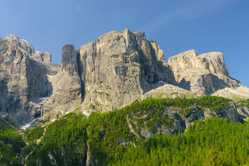 Mountain landscape along the road to Gardena pass, Dolomites