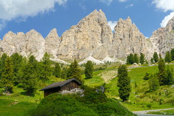 Mountain landscape along the road to Gardena pass, Dolomites
