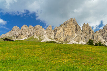 Mountain landscape along the road to Gardena pass, Dolomites