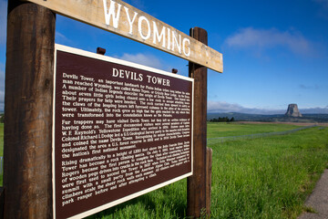 Welcome to Wyoming signage board explaining the history of the Devils Tower  Crook County, Wyoming. USA - June 2017. Devils Tower sign board 