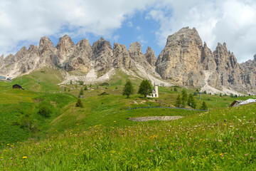 Mountain landscape along the road to Gardena pass, Dolomites