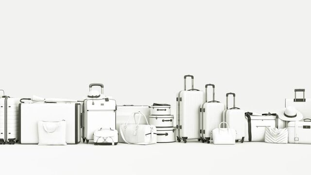 White luggage and vacation equipment on white background. Monochrome suitcases travel minimal infinite concept. Bright color minimalist mock up idea. White colored holidays equipment loop animation. 