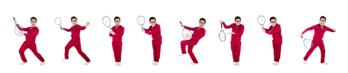 Funny tennis player isolated on white