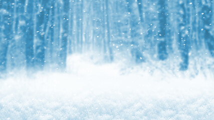 Blizzard in the winter forest, festive winter background with snow