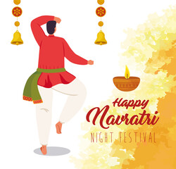 hahappy navratri, night festival celebration poster and man indian with decoration vector illustration design