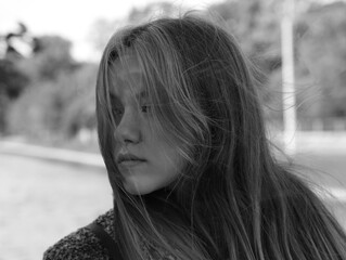 black and white portrait of a young beautiful girl