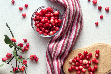 Fresh cranberries on the kitchen table with a Burgundy napkin, top view, close-up