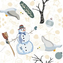 Seamless Winter Pattern with Snowman and Owls. Vector Illustration.