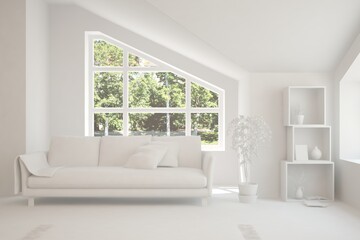 White living room with sofa and summer landscape in window. Scandinavian interior design. 3D illustration