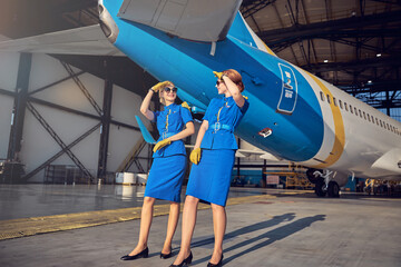 Happy smiling air hostess having fun in the outdoors after long flight