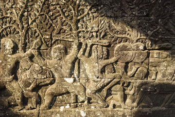 Bas-relief depicting the battle between Khmer and the Chams at Bayon temple, Angkor, Siem reap, Cambodia