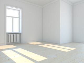 Fototapeta na wymiar Empty classic white room with windows. Loft and vintage interior of living room. 3D illustration