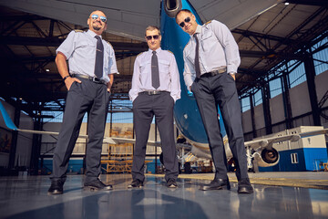 Beautiful stewardess with handsome men posing at the photo camera in front of big commercial airplane