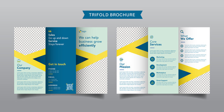 Corporate business trifold brochure template. Modern, Creative and Professional tri fold brochure vector design. Simple and minimalist promotion layout with blue and yellow color.