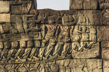Bas reliefs depicting the naval battle between Khmer and the Chams at Bayon temple, Angkor, Siem reap, Cambodia