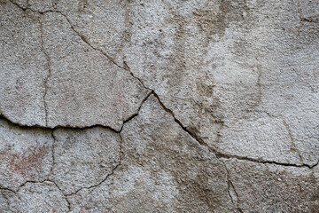 Close-up of cracked and weathered cement wall, front view. High resolution full frame textured background.