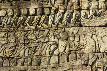 Bas reliefs depicting the naval battle between Khmer and the Chams at Bayon temple, Angkor, Siem reap, Cambodia