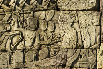 Bas reliefs depicting the naval battle between Khmer and the Chams at Bayon temple, Angkor, Siem reap, Cambodia