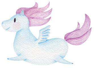 Illustration with watercolor pony pegasus. For invitations, greeting cards, kids linen, clothes, wrapping paper, notebooks, swaddling clothes, dresses