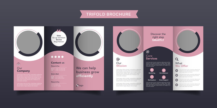 Corporate business trifold brochure template. Modern, Creative and Professional tri fold brochure vector design. Simple and minimalist promotion layout with pink and purple color.