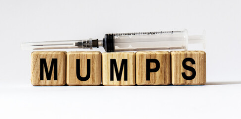 Text MUMPS made from wooden cubes. White background